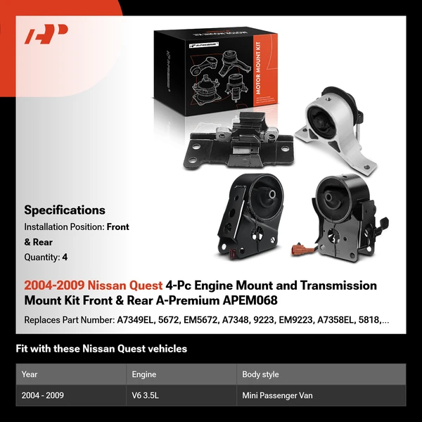 2004-2009 Nissan Quest 4-Pc Engine Mount and Transmission Mount Kit Front & Rear A-Premium APEM068