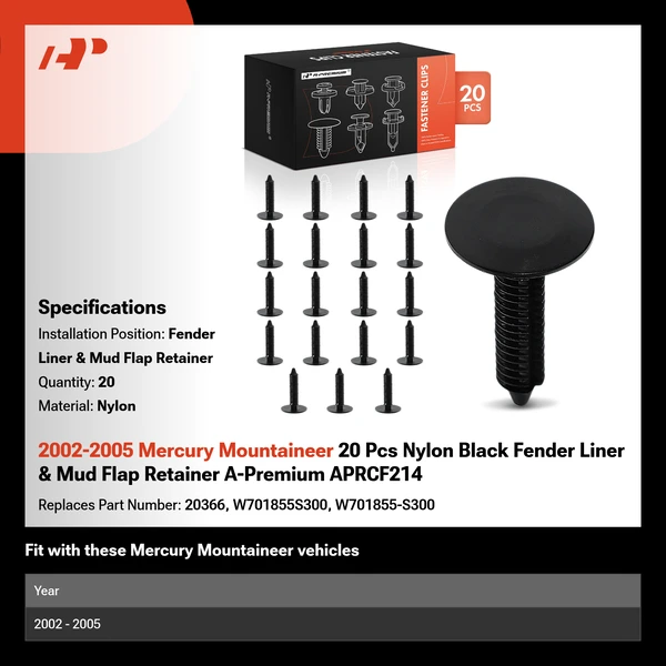 2002-2005 Mercury Mountaineer 20 Pcs Nylon Black Fender Liner & Mud Flap Retainer A-Premium APRCF214