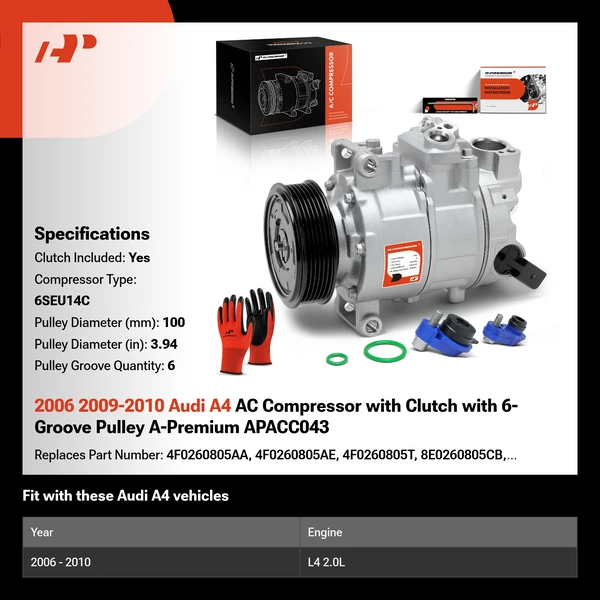 2006 2009-2010 Audi A4 AC Compressor with Clutch with 6-Groove Pulley A-Premium APACC043