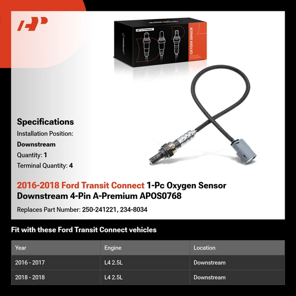 2016-2018 Ford Transit Connect 1-Pc Oxygen Sensor Downstream 4-Pin A-Premium APOS0768