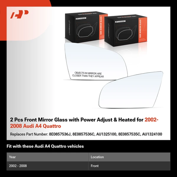 2 Pcs Front Mirror Glass with Power Adjust & Heated for 2002-2008 Audi A4 Quattro