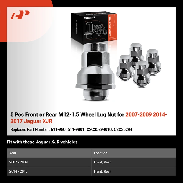 5 Pcs Front or Rear M12-1.5 Wheel Lug Nut for 2007-2009 2014-2017 Jaguar XJR