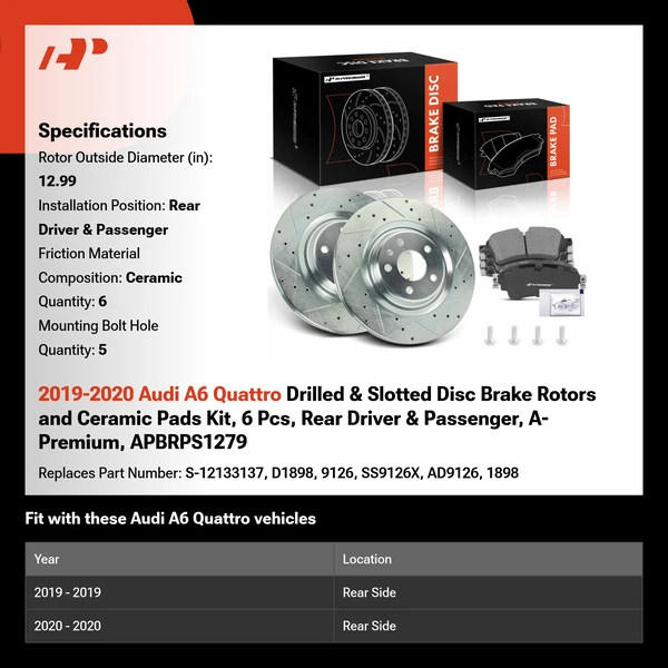 2019-2020 Audi A6 Quattro Drilled & Slotted Disc Brake Rotors and Ceramic Pads Kit, 6 Pcs, Rear Driver & Passenger, A-Premium, APBRPS1279