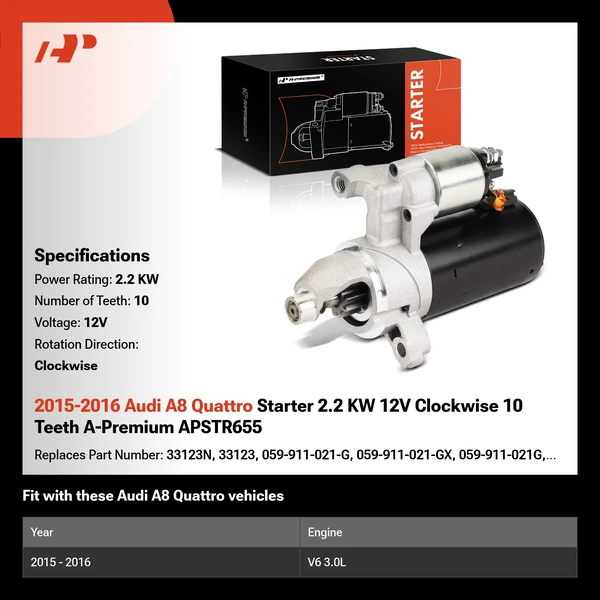 2015-2016 Audi A8 Quattro Starter 2.2 KW 12V Clockwise 10 Teeth A-Premium APSTR655