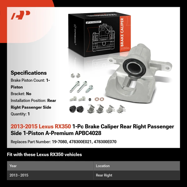 2013-2015 Lexus RX350 1-Pc Brake Caliper Rear Right Passenger Side 1-Piston A-Premium APBC4028