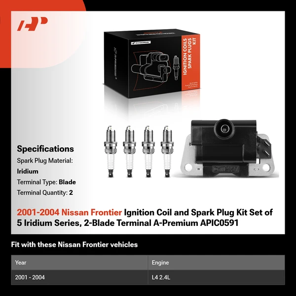 2001-2004 Nissan Frontier Ignition Coil and Spark Plug Kit Set of 5 Iridium Series, 2-Blade Terminal A-Premium APIC0591