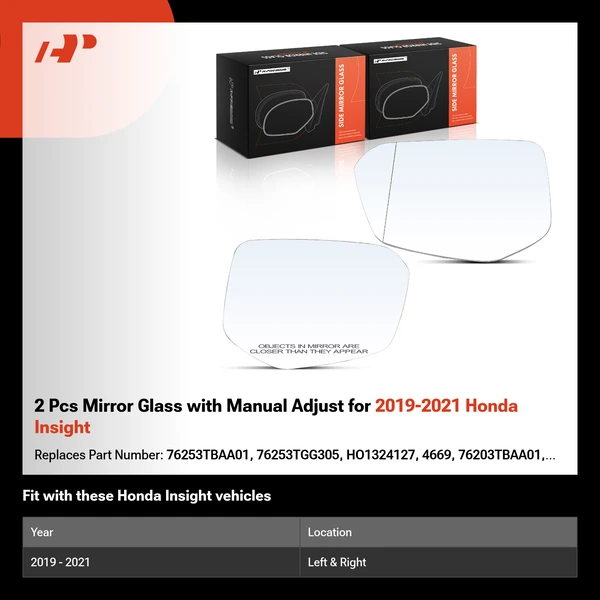 2 Pcs Mirror Glass with Manual Adjust for 2019-2021 Honda Insight