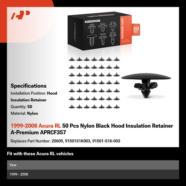 1999-2008 Acura RL 50 Pcs Nylon Black Hood Insulation Retainer A-Premium APRCF357