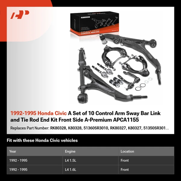 1992-1995 Honda Civic A Set of 10 Control Arm Sway Bar Link and Tie Rod End Kit Front Side A-Premium APCA1155
