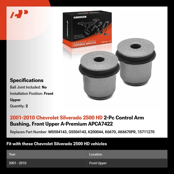 2001-2010 Chevrolet Silverado 2500 HD 2-Pc Control Arm Bushing, Front Upper A-Premium APCA7422