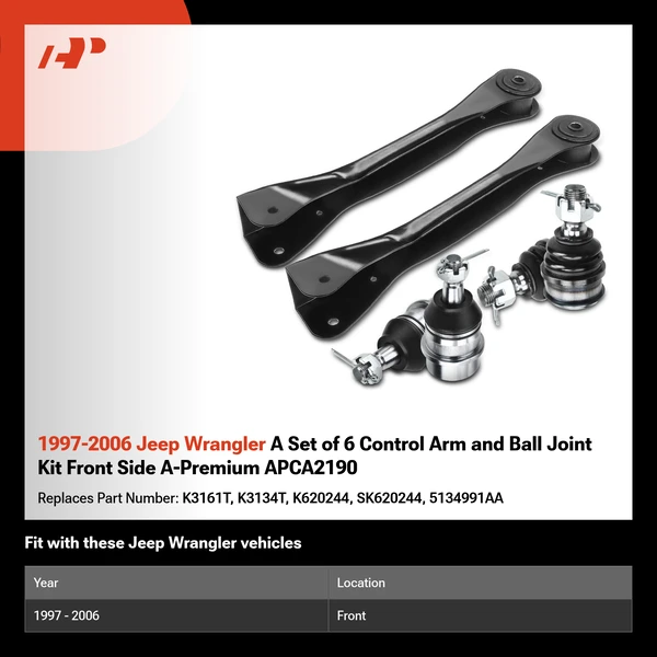 1997-2006 Jeep Wrangler A Set of 6 Control Arm and Ball Joint Kit Front Side A-Premium APCA2190