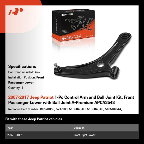 2007-2017 Jeep Patriot 1-Pc Control Arm and Ball Joint Kit, Front Passenger Lower with Ball Joint A-Premium APCA3548