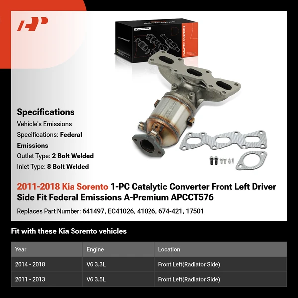 2011-2018 Kia Sorento 1-PC Catalytic Converter Front Left Driver Side Fit Federal Emissions A-Premium APCCT576