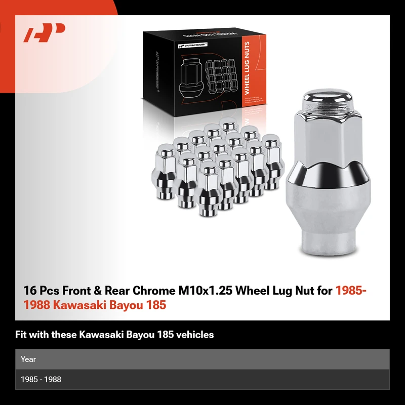 16 Pcs Front & Rear Chrome M10x1.25 Wheel Lug Nut for 1985-1988 Kawasaki Bayou 185
