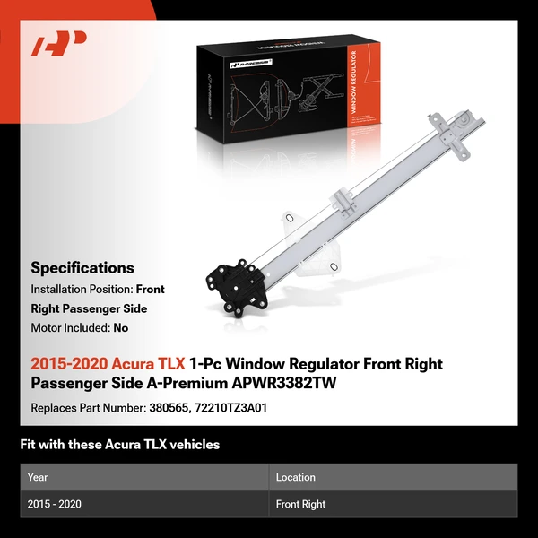 2015-2020 Acura TLX 1-Pc Window Regulator Front Right Passenger Side A-Premium APWR3382TW