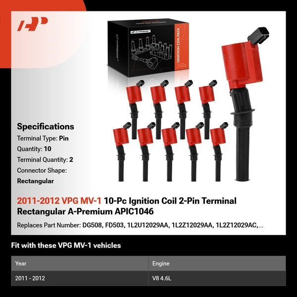 2011-2012 VPG MV-1 A Set of 10-Pc Ignition Coil 2-Blade Terminal Rectangular A-Premium APIC1046