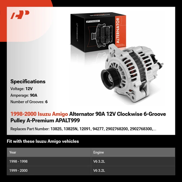 1998-2000 Isuzu Amigo Alternator 90A 12V Clockwise 6-Groove Pulley A-Premium APALT999