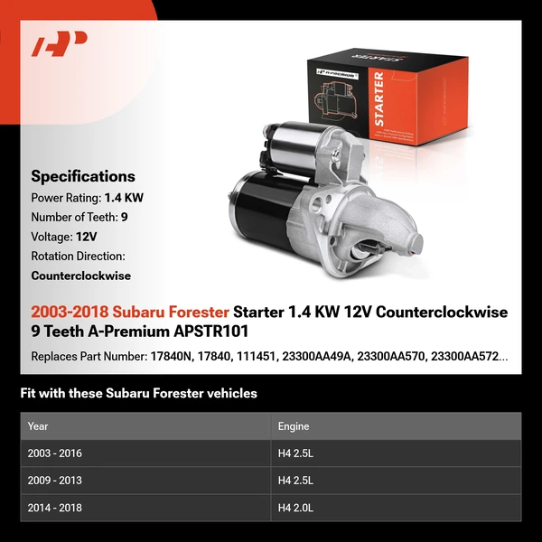 2003-2018 Subaru Forester Starter 1.4 KW 12V Counterclockwise 9 Teeth A-Premium APSTR101