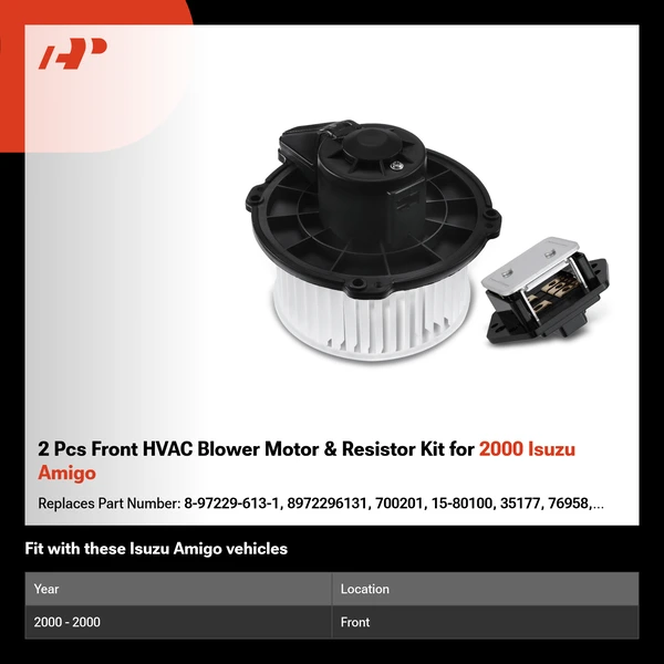 2 Pcs Front HVAC Blower Motor & Resistor Kit for 2000 Isuzu Amigo
