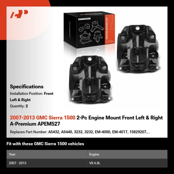 2007-2013 GMC Sierra 1500 2-Pc Engine Mount Front Left & Right A-Premium APEM527