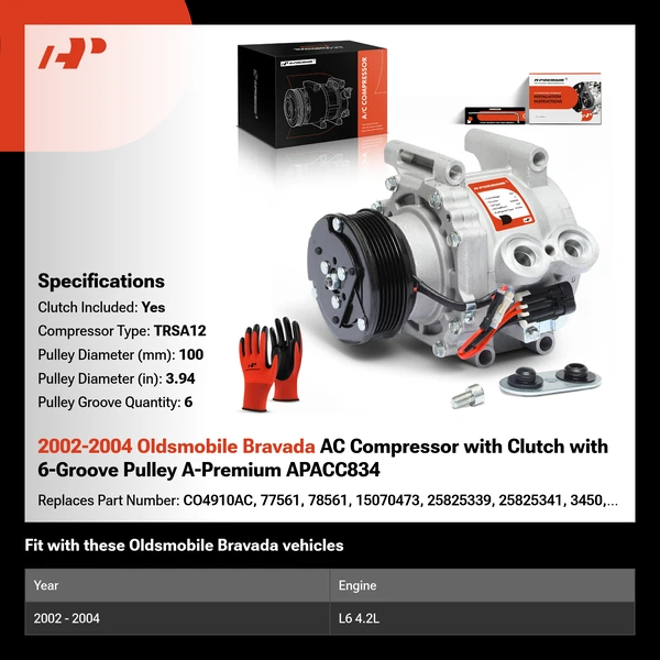 2002-2004 Oldsmobile Bravada AC Compressor with Clutch with 6-Groove Pulley A-Premium APACC834