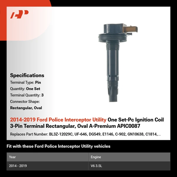 2014-2019 Ford Police Interceptor Utility One Set-Pc Ignition Coil 3-Pin Terminal Rectangular, Oval A-Premium APIC0087