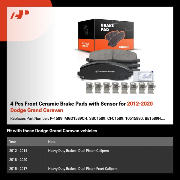 4 Pcs Front Ceramic Brake Pads with Sensor for 2012-2020 Dodge Grand Caravan