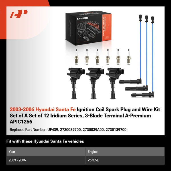 2003-2006 Hyundai Santa Fe Ignition Coil Spark Plug and Wire Kit Set of A Set of 12 Iridium Series, 3-Blade Terminal A-Premium APIC1256