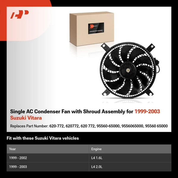 Single AC Condenser Fan with Shroud Assembly for 1999-2003 Suzuki Vitara