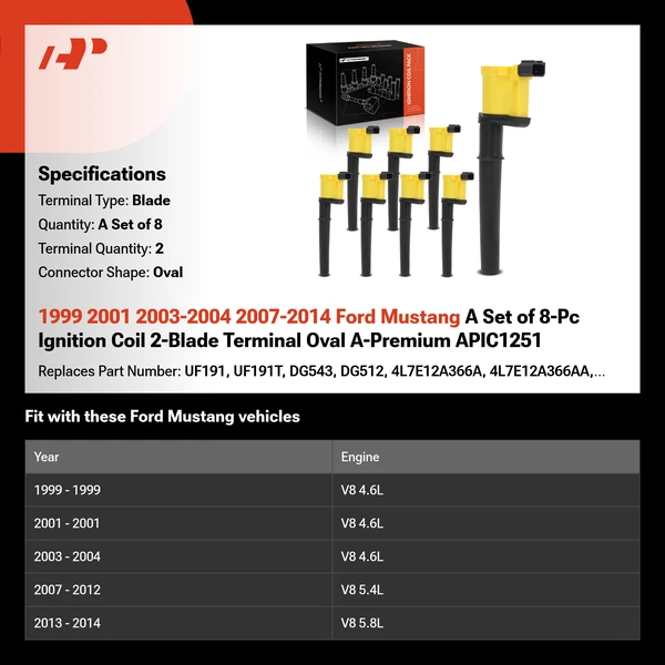 1999 2001 2003-2004 2007-2014 Ford Mustang A Set of 8-Pc Ignition Coil 2-Blade Terminal Oval A-Premium APIC1251