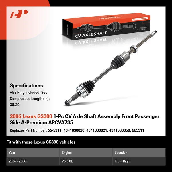 2006 Lexus GS300 1-Pc CV Axle Shaft Assembly Front Passenger Side A-Premium APCVA735