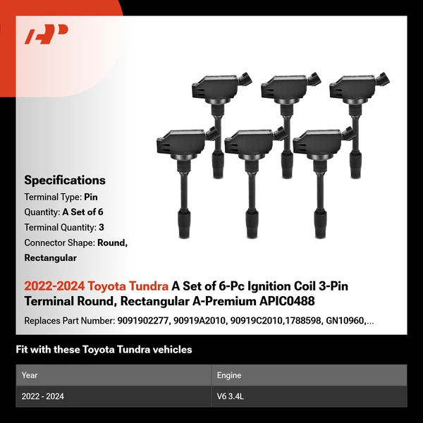 2022-2024 Toyota Tundra A Set of 6-Pc Ignition Coil 3-Pin Terminal Round, Rectangular A-Premium APIC0488