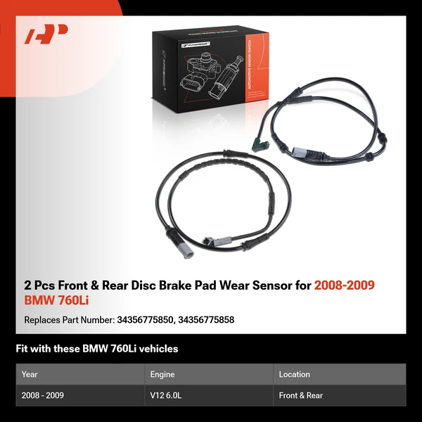 2 Pcs Front & Rear Disc Brake Pad Wear Sensor for 2008-2009 BMW 760Li
