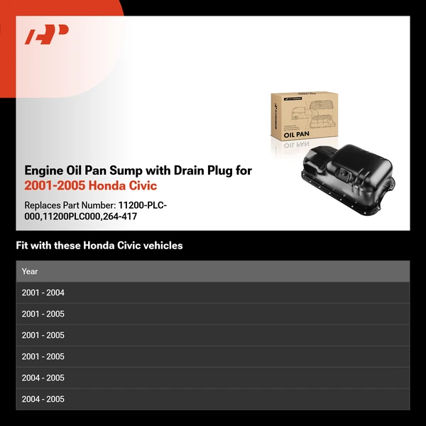 Engine Oil Pan Sump with Drain Plug for 2001-2005 Honda Civic