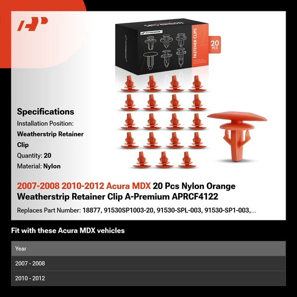 2007-2008 2010-2012 Acura MDX 20 Pcs Nylon Orange Weatherstrip Retainer Clip A-Premium APRCF4122