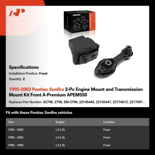 1995-2002 Pontiac Sunfire 2-Pc Engine Mount and Transmission Mount Kit Front A-Premium APEM550