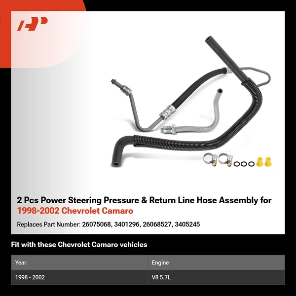 2 Pcs Power Steering Pressure & Return Line Hose Assembly for 1998-2002 Chevrolet Camaro
