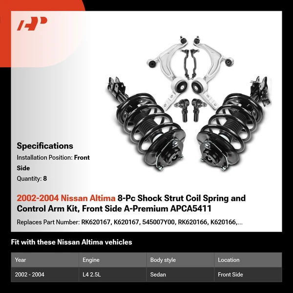 2002-2004 Nissan Altima 8-Pc Shock Strut Coil Spring and Control Arm Kit, Front Side A-Premium APCA5411