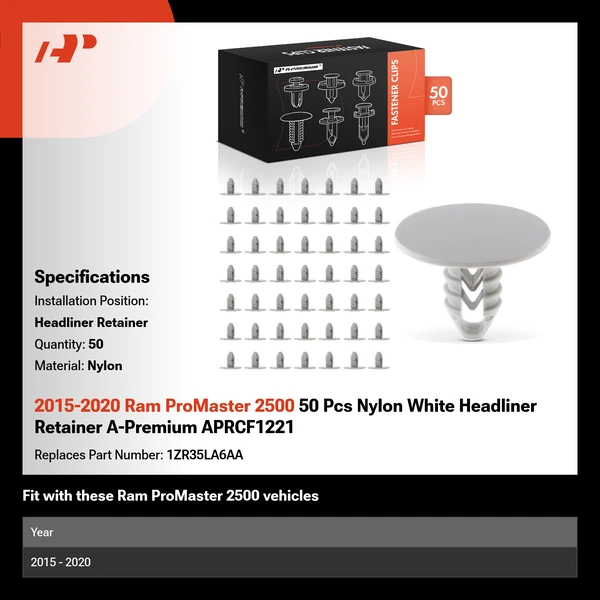2015-2020 Ram ProMaster 2500 50 Pcs Nylon White Headliner Retainer A-Premium APRCF1221