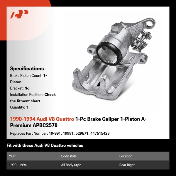1990-1994 Audi V8 Quattro 1-Pc Brake Caliper 1-Piston A-Premium APBC2578