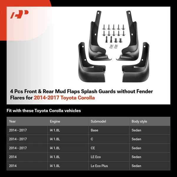 4 Pcs Front & Rear Mud Flaps Splash Guards without Fender Flares for 2014-2017 Toyota Corolla