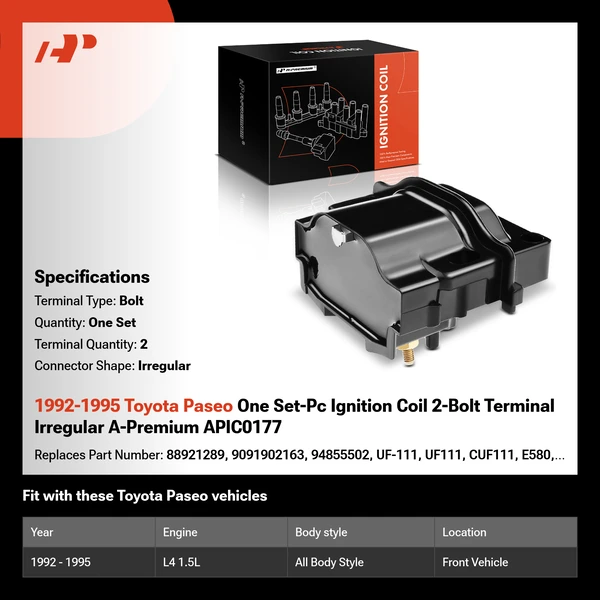 1992-1995 Toyota Paseo One Set-Pc Ignition Coil 2-Bolt Terminal Irregular A-Premium APIC0177