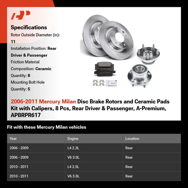 2006-2011 Mercury Milan Disc Brake Rotors and Ceramic Pads Kit with Calipers, 8 Pcs, Rear Driver & Passenger, A-Premium, APBRPR617