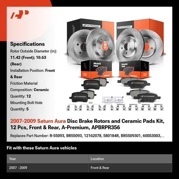 2007-2009 Saturn Aura Disc Brake Rotors and Ceramic Pads Kit, 12 Pcs, Front & Rear, A-Premium, APBRPR356