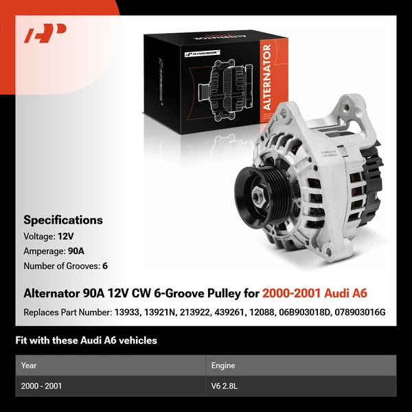 Alternator 90A 12V CW 6-Groove Pulley for 2000-2001 Audi A6
