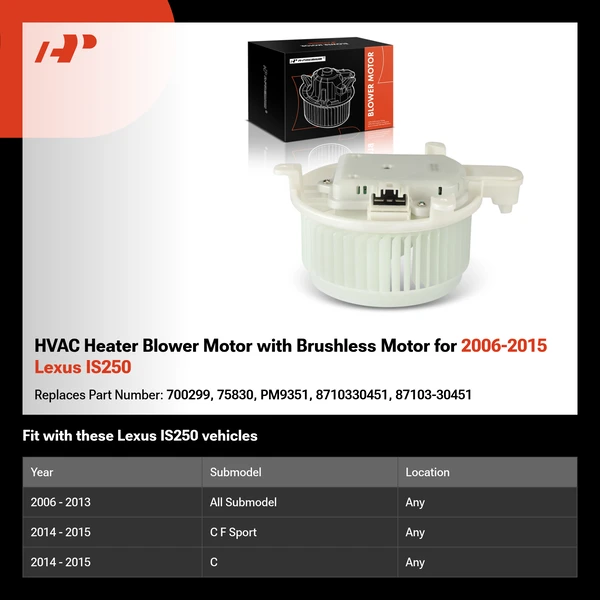 HVAC Heater Blower Motor with Brushless Motor for 2006-2015 Lexus IS250