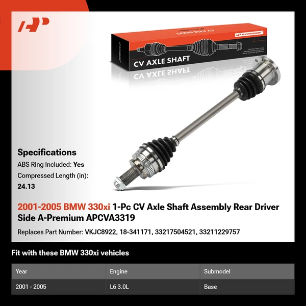 2001-2005 BMW 330xi 1-Pc CV Axle Shaft Assembly Rear Driver Side A-Premium APCVA3319