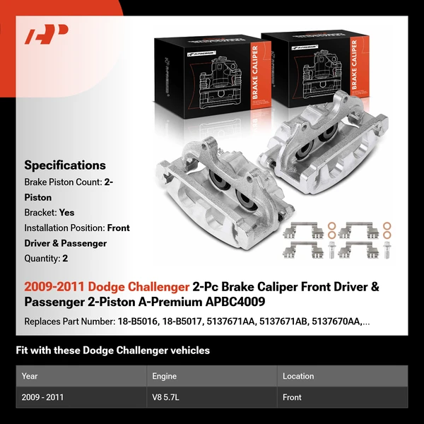2009-2011 Dodge Challenger 2-Pc Brake Caliper Front Driver & Passenger 2-Piston A-Premium APBC4009