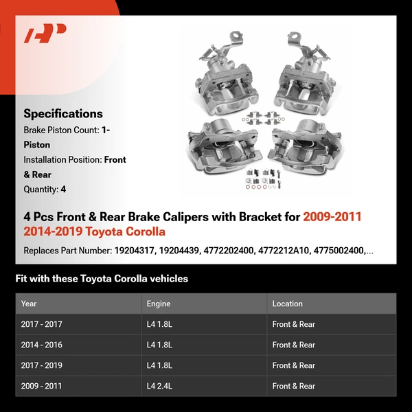 4 Pcs Front & Rear Brake Calipers with Bracket for 2009-2011 2014-2019 Toyota Corolla