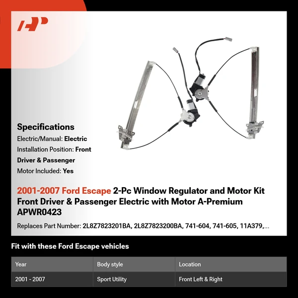 2001-2007 Ford Escape 2-Pc Window Regulator and Motor Kit Front Driver & Passenger Electric with Motor A-Premium APWR0423